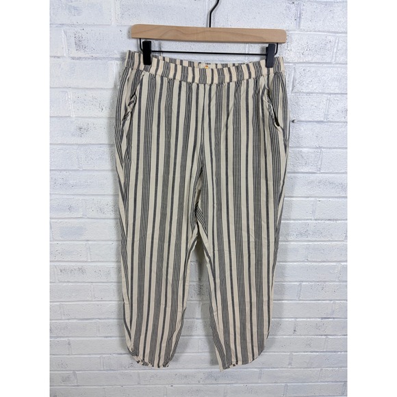 Marine Layer Pants - Marine Layer Allison Pants Women M Crop Cream Navy Stripe Tencel Pull On Pockets